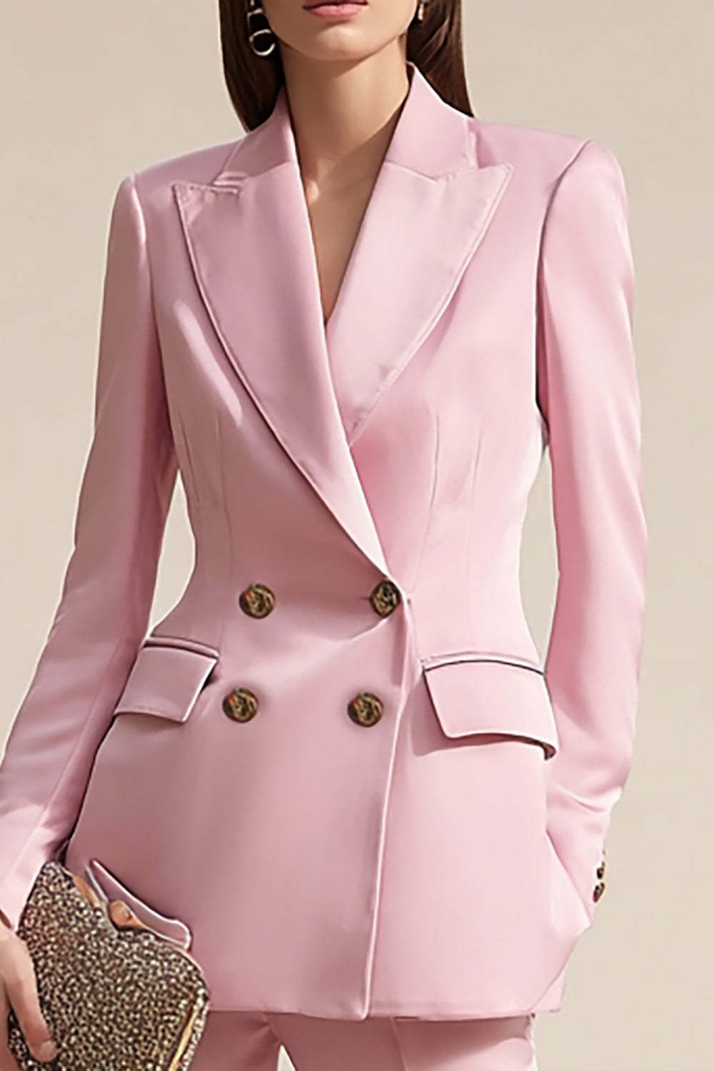 Pink 2 Piece Double Breasted Satin Peak Lapel Business Suits