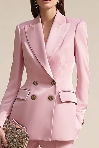 Pink 2 Piece Double Breasted Satin Peak Lapel Business Suits