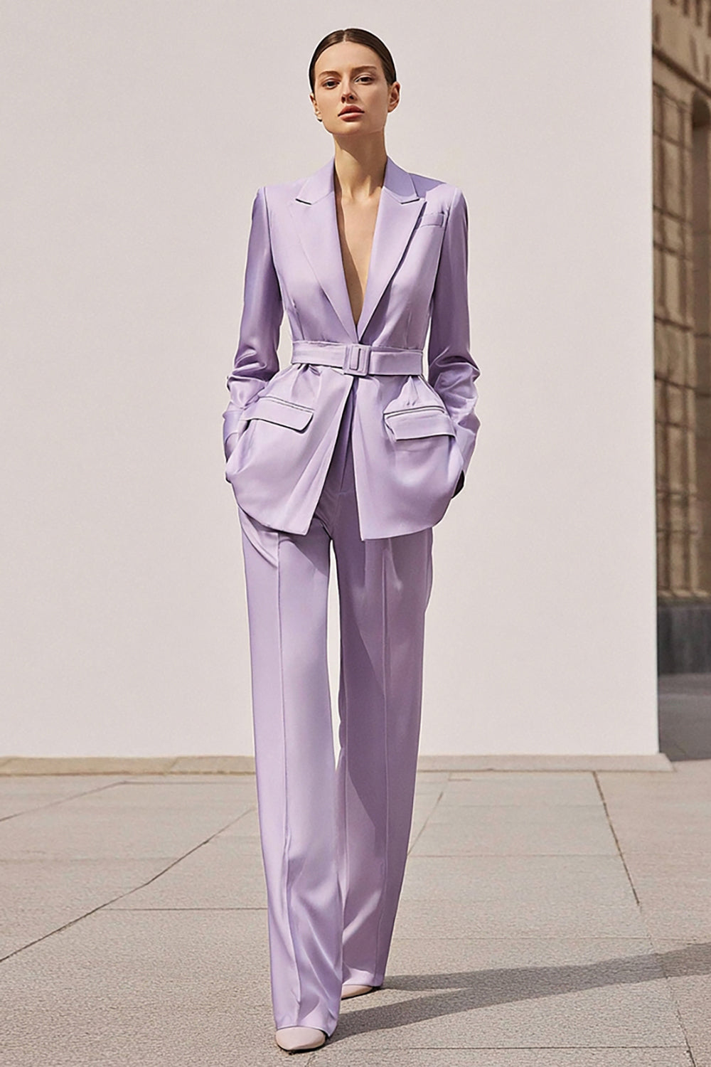 Leely Women Lilac Satin 2 Piece Business Suits with Belt Long Sleeves Notched Lapel Prom Suits with Pockets