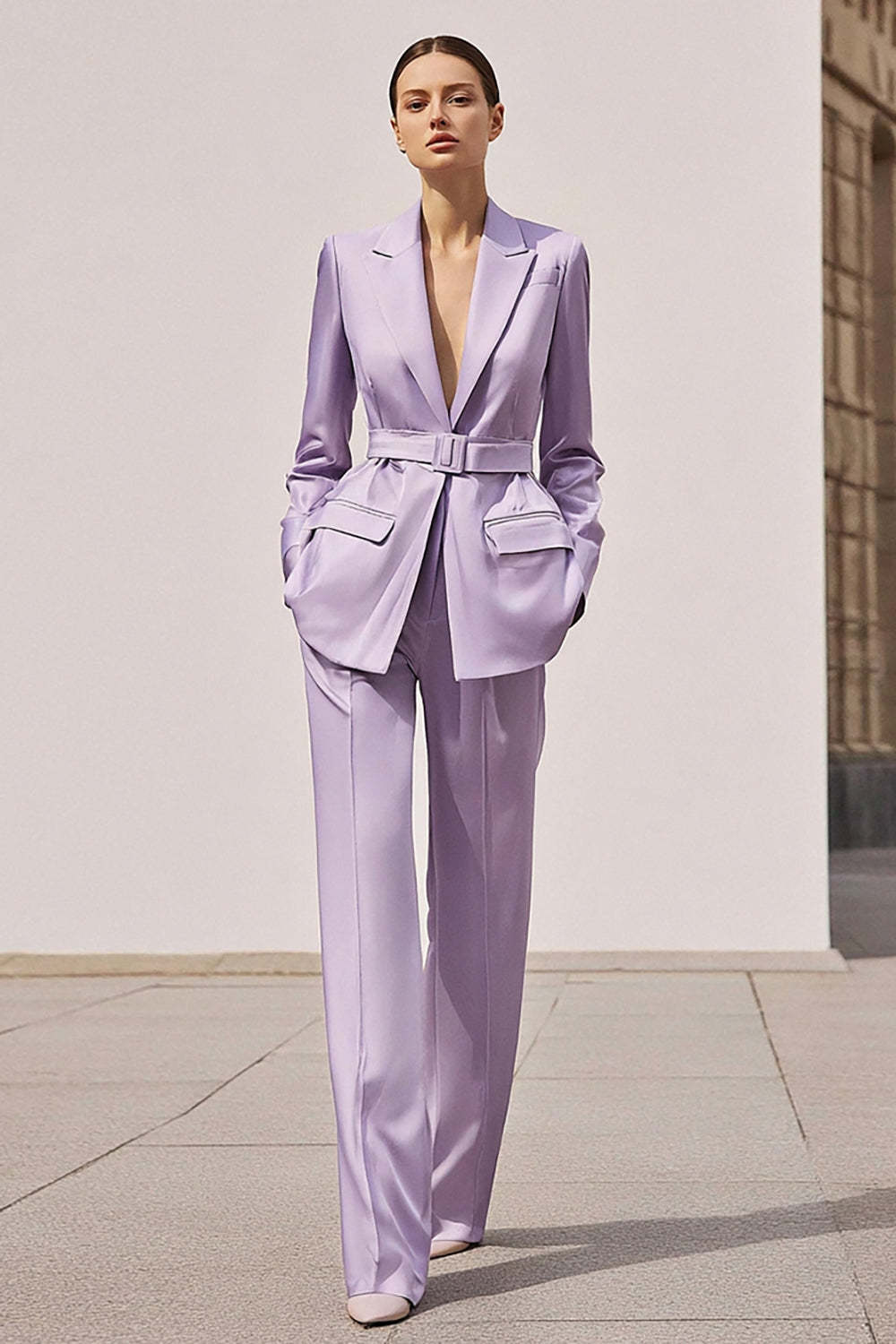 Leely Women Lilac Satin 2 Piece Business Suits with Belt Long Sleeves Notched Lapel Prom Suits with Pockets