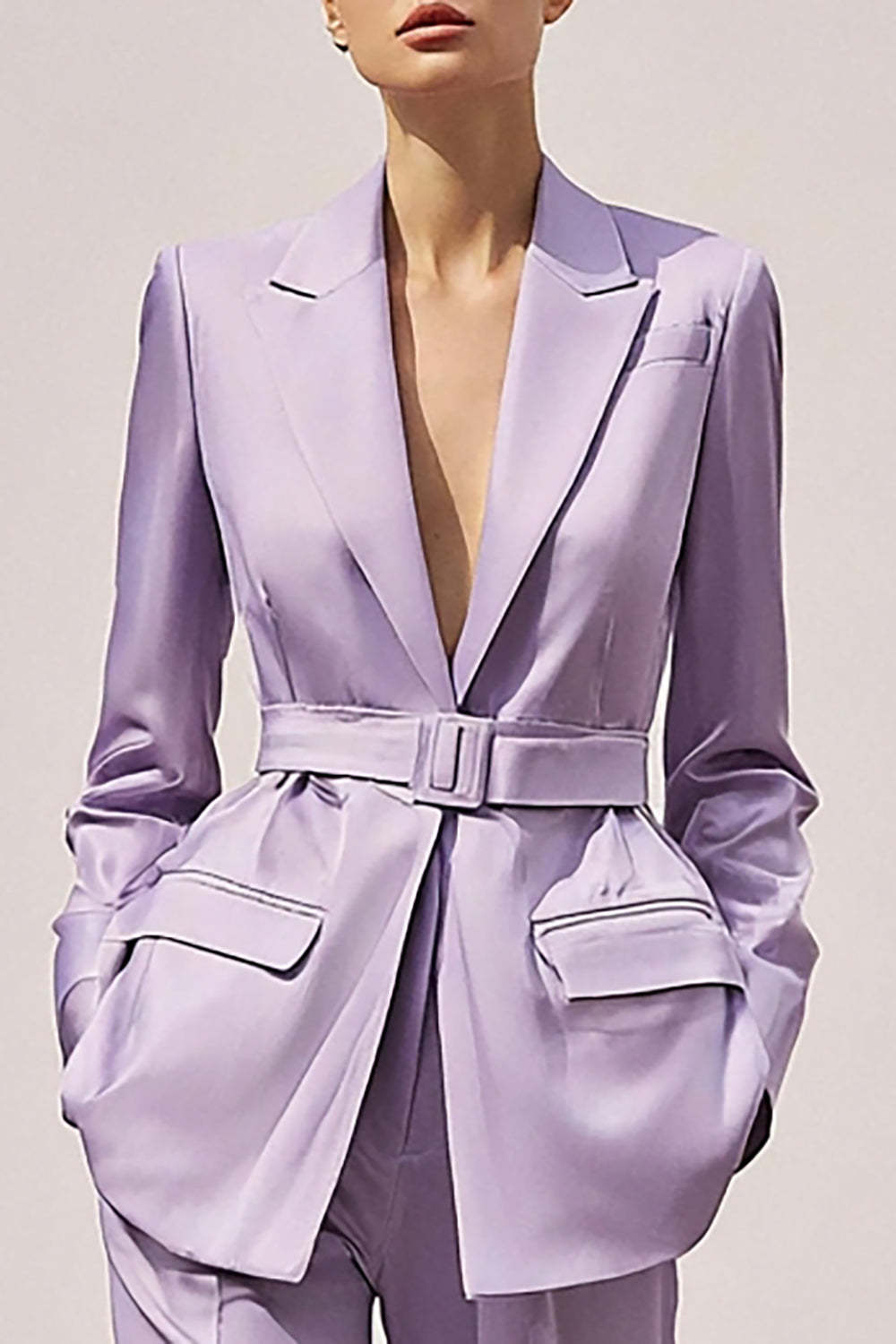Satin Lilac Notched Lapel 2 Piece Long Sleeves Business Suits with Belt