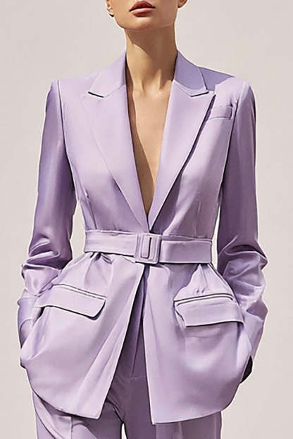 Satin Lilac Notched Lapel 2 Piece Long Sleeves Business Suits with Belt
