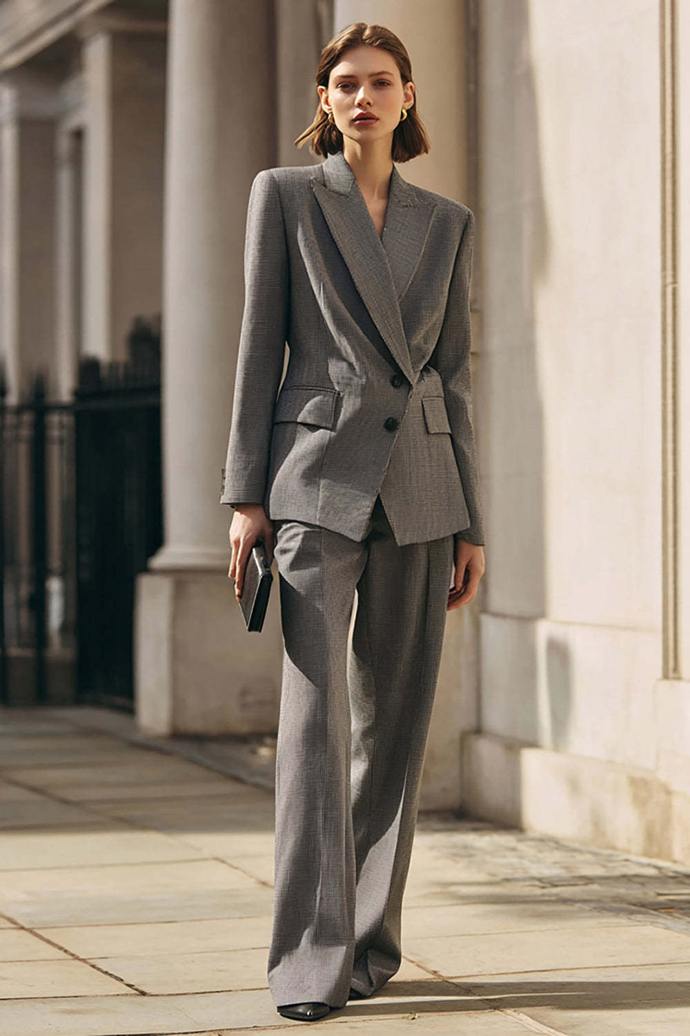 Leely Women Grey Peak Lapel 2 Piece Business Suits Single Breasted Work Suits with Sleeves