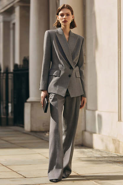 Leely Women Grey Peak Lapel 2 Piece Business Suits Single Breasted Work Suits with Sleeves