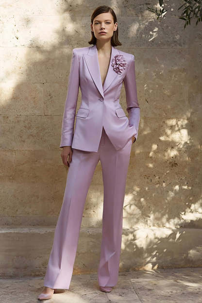 Leely Women Lilac Satin 2 Piece Business Suits with Pockets Peak Lapel 3D Flower One Button Prom Suits with Sleeves