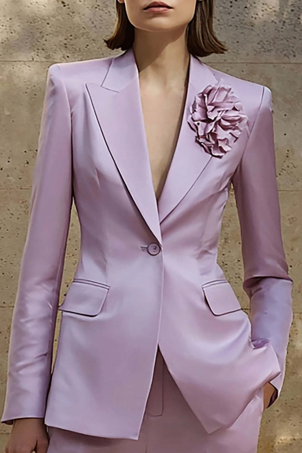 Lilac 2 Piece Satin Peak Lapel 3D Flower Business Suits with Pockets