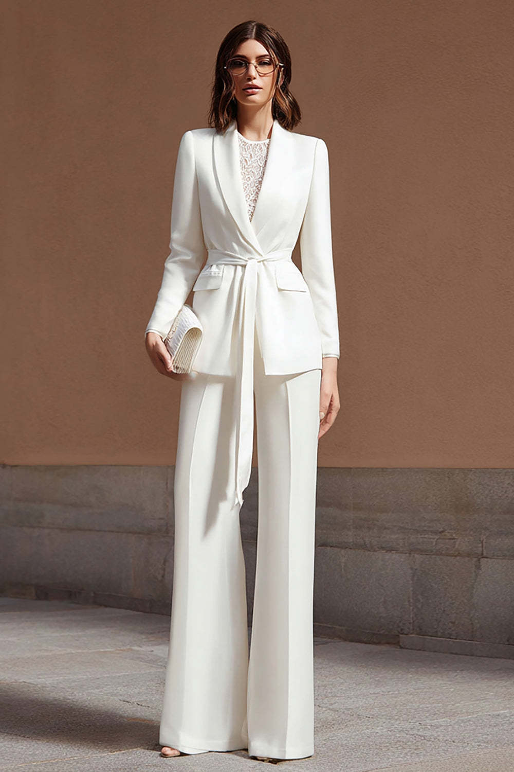 Leely Women Ivory 2 Piece Business Suits with Sash Shawl Lapel Wide Leg Long Sleeves Work Suits