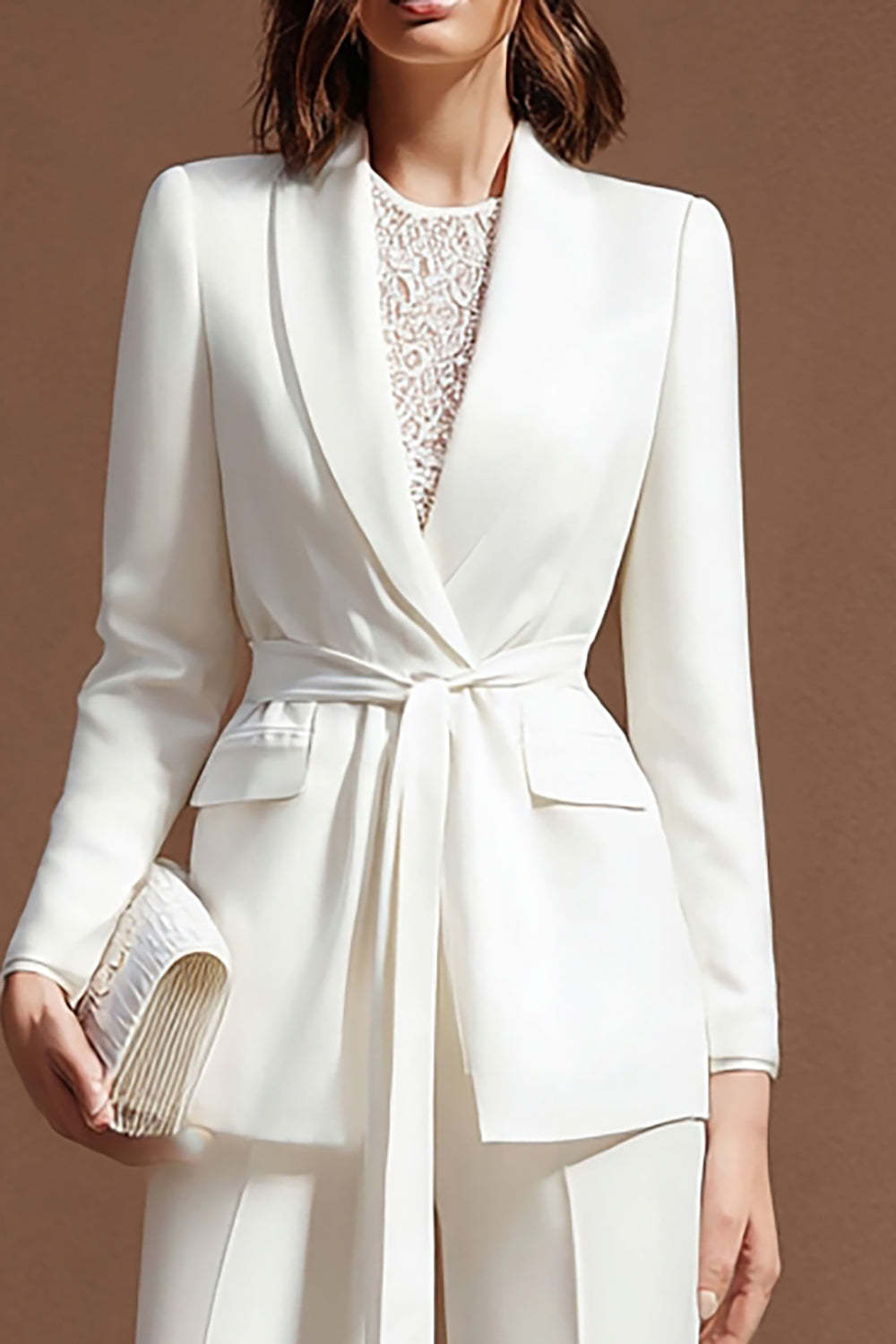 Shawl Lapel 2 Piece Wide Leg Ivory Business Suits with Sash