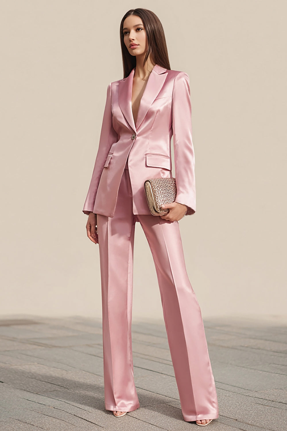 Dusty Rose 2 Piece Satin Long Sleeves One Button Business Suits