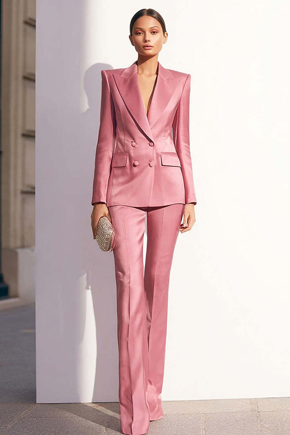 Leely Women Dusty Rose 2 Piece Peak Lapel Fitted Business Suits Satin Double Breasted Prom Suits with Sleeves