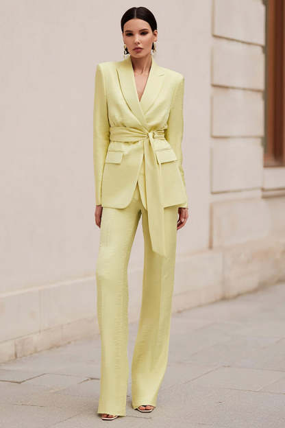 Leely Women Daffodil 2 Piece Business Suits with Sash Long Sleeves Peak Lapel Prom Suits