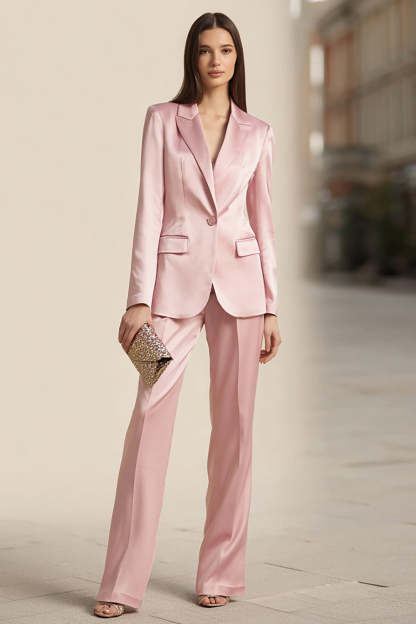 Leely Women Pink 2 Piece Satin Business Suits Long Sleeves One Button Prom Suits