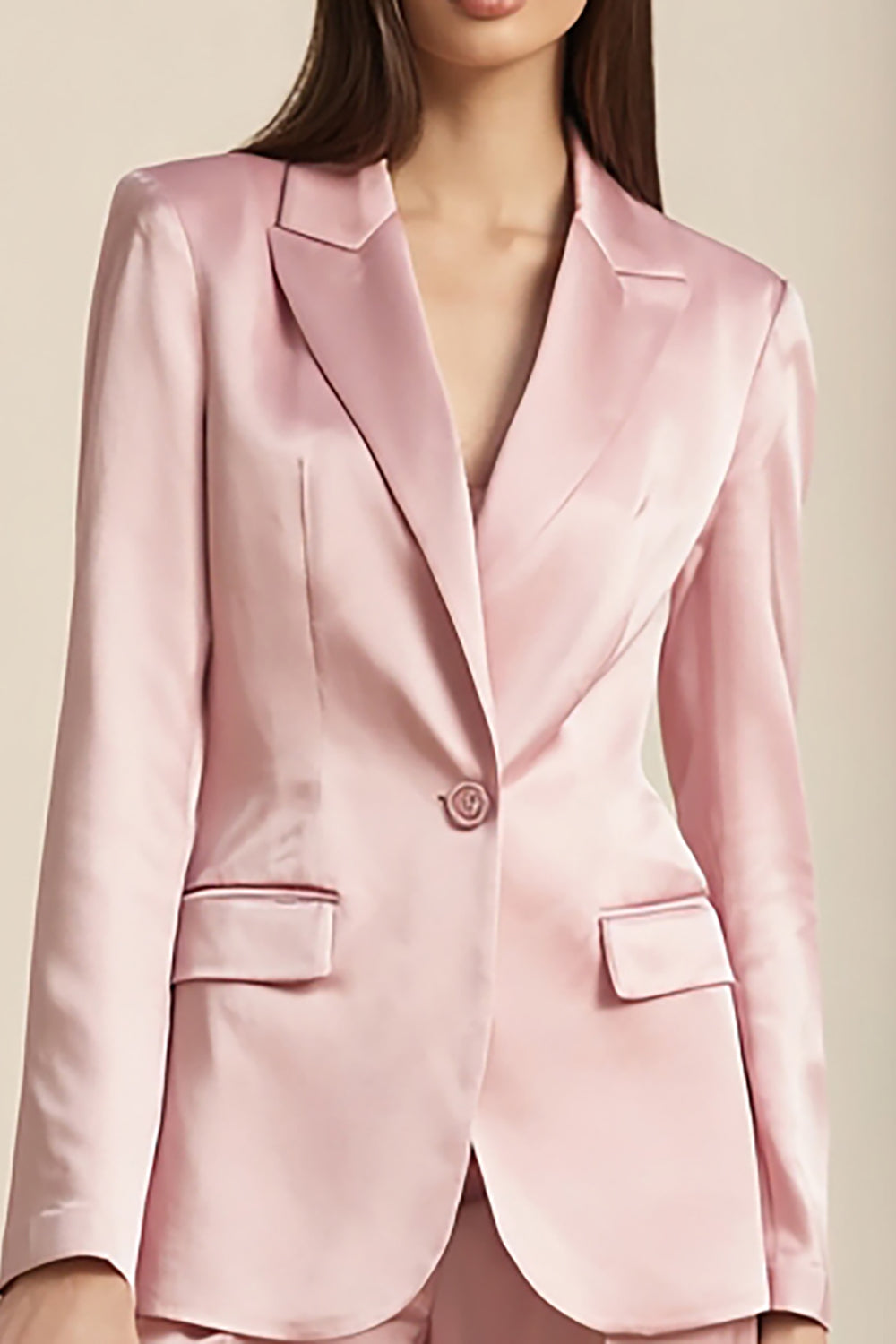 Pink 2 Piece One Button Satin Business Suits with Sleeves