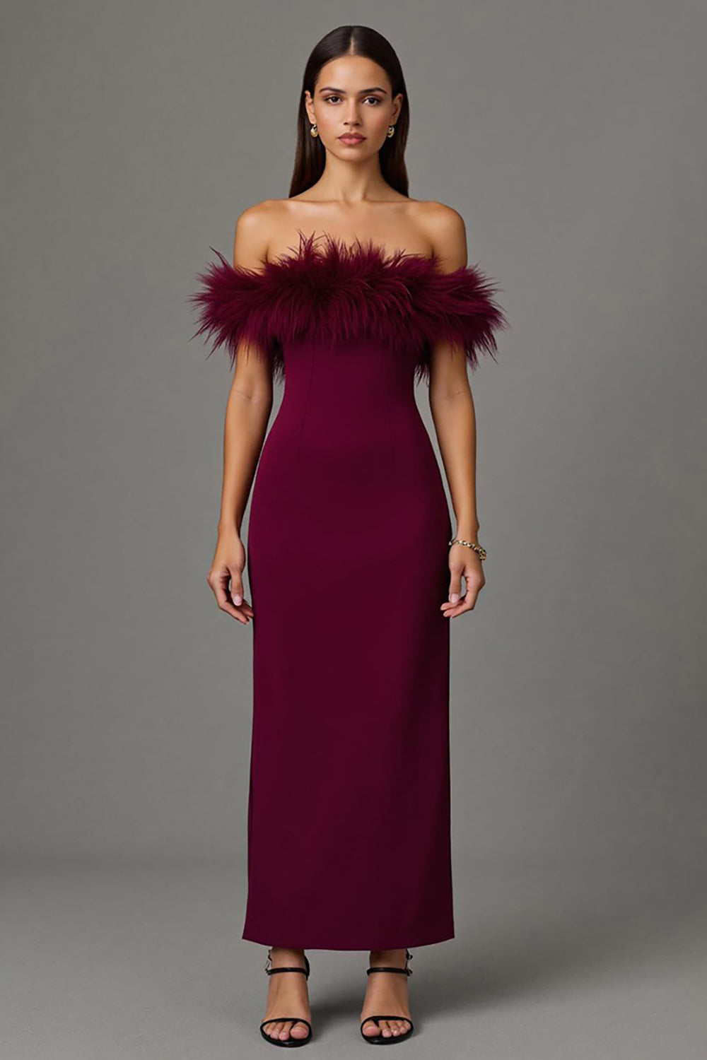 Leely Women Burgundy Maxi Sheath Formal Dress with Feathers Off the Shoulder Evening Dress