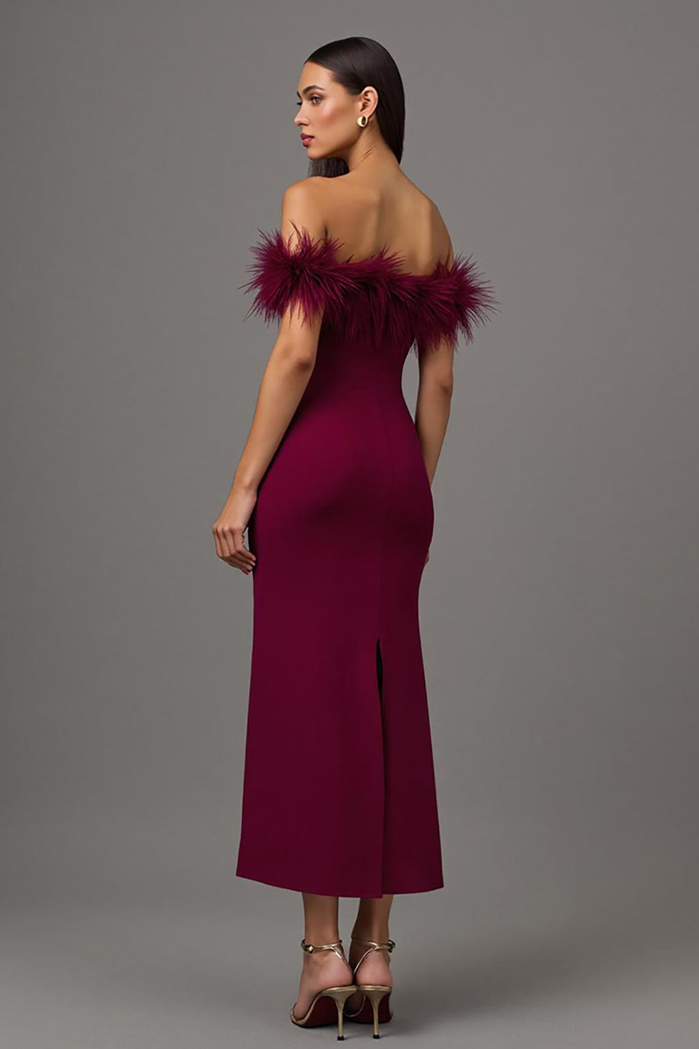 Maxi Burgundy Off the Shoulder Sheath Formal Dress with Feathers