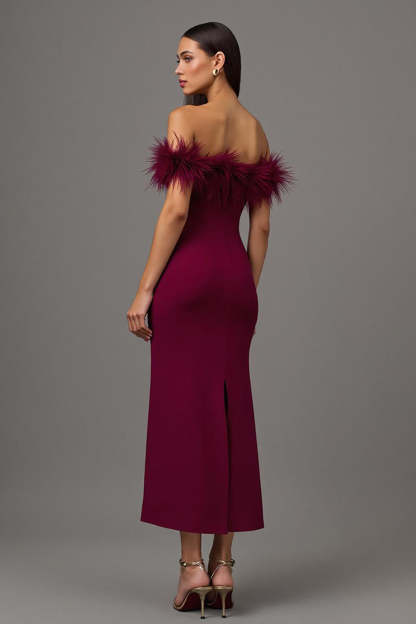 Maxi Burgundy Off the Shoulder Sheath Formal Dress with Feathers