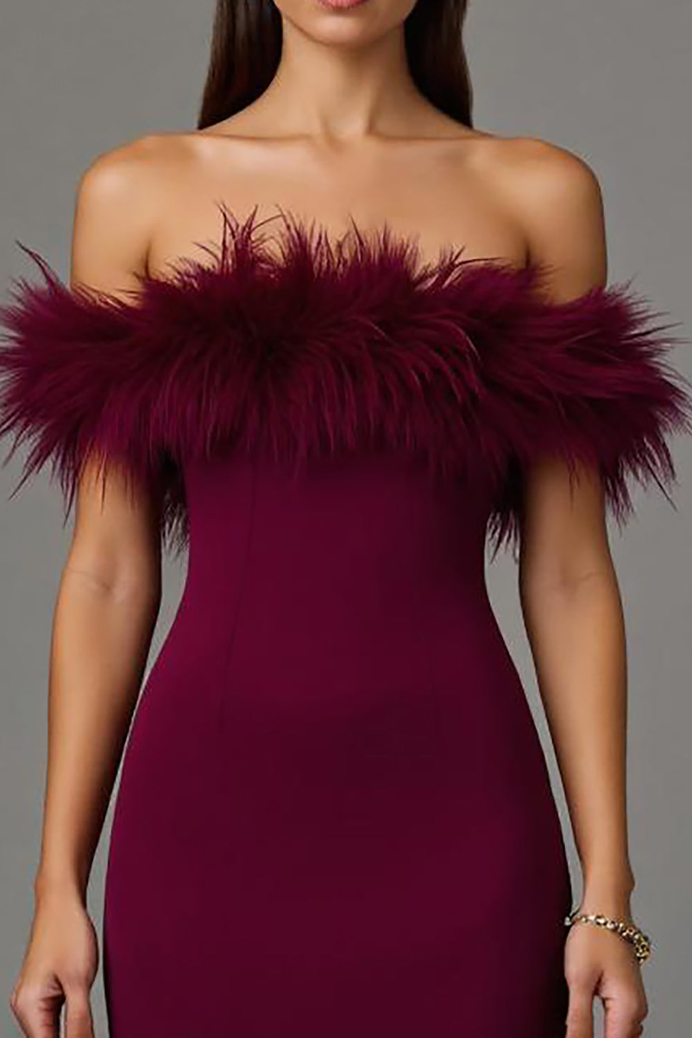 Maxi Burgundy Off the Shoulder Sheath Formal Dress with Feathers
