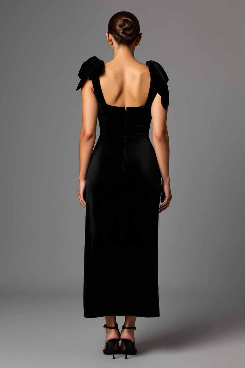 Black Square Neck Satin Sheath Maxi Formal Dress with Bow