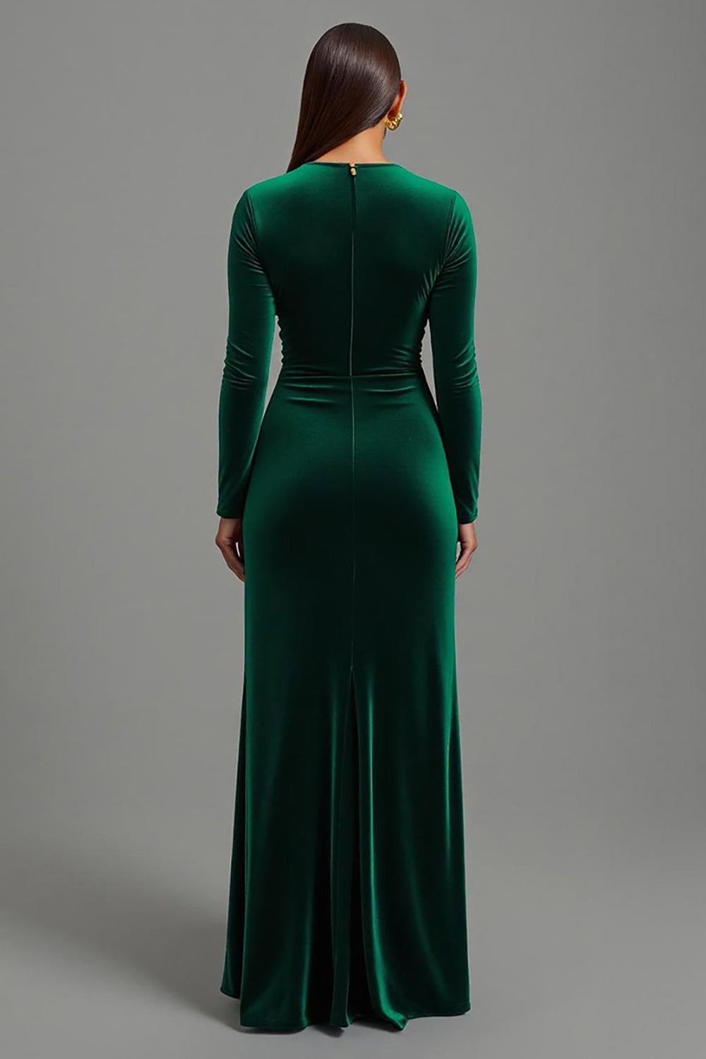 Dark Green Round Neck Sheath Velvet Maxi Holiday Party Dress with Slit