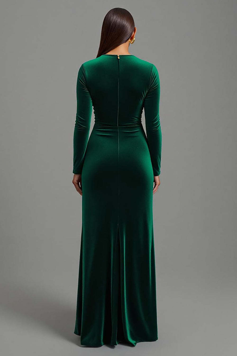 Dark Green Round Neck Sheath Velvet Maxi Holiday Party Dress with Slit