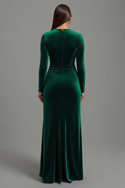 Dark Green Round Neck Sheath Velvet Maxi Holiday Party Dress with Slit