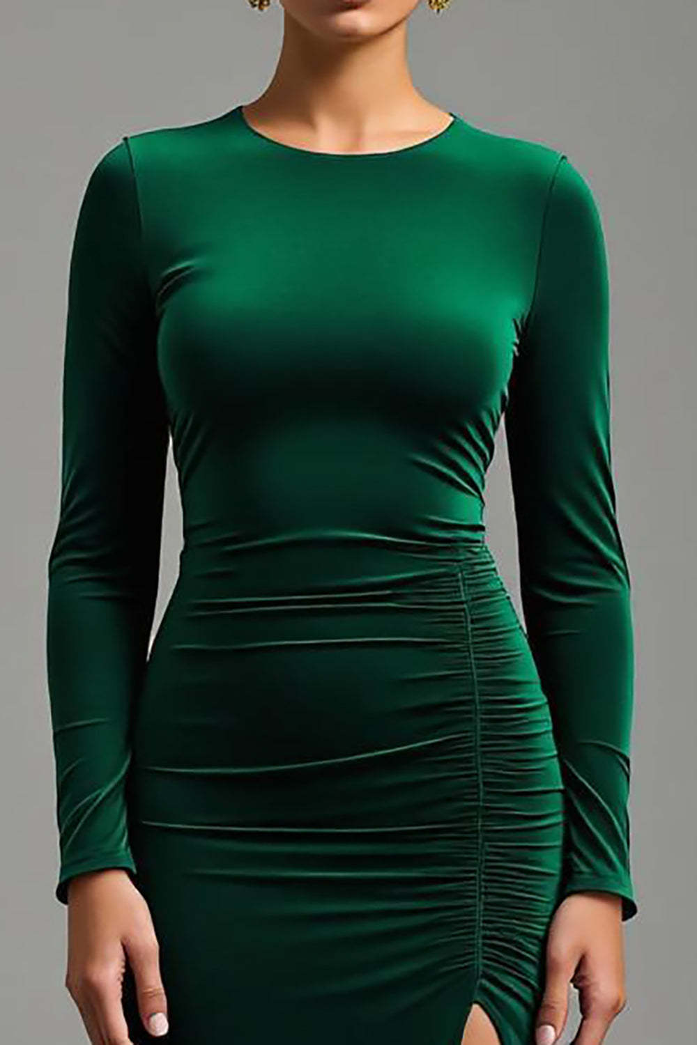 Dark Green Round Neck Sheath Velvet Maxi Holiday Party Dress with Slit