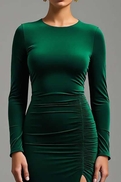 Dark Green Round Neck Sheath Velvet Maxi Holiday Party Dress with Slit