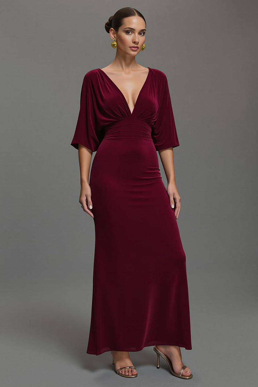 Leely Women Burgundy Velvet Maxi Holiday Party Dress V-Neck Half Sleeves Sheath Evening Dress