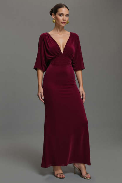 Leely Women Burgundy Velvet Maxi Holiday Party Dress V-Neck Half Sleeves Sheath Evening Dress