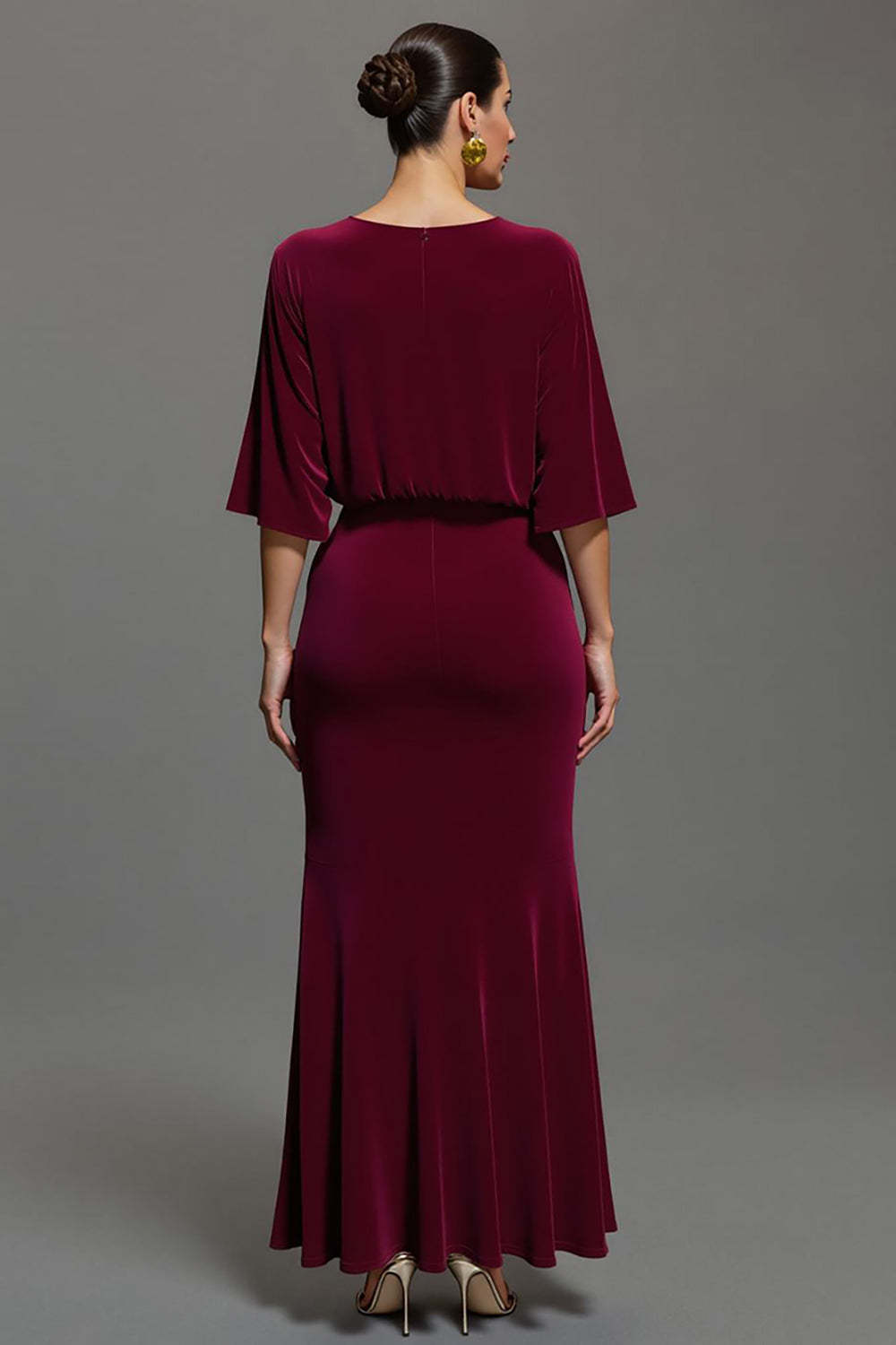 Burgundy Velvet V-Neck Maxi Holiday Party Dress with Sleeves