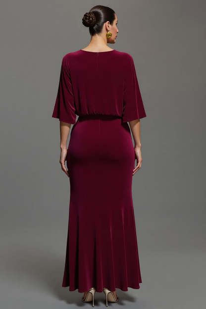 Burgundy Velvet V-Neck Maxi Holiday Party Dress with Sleeves