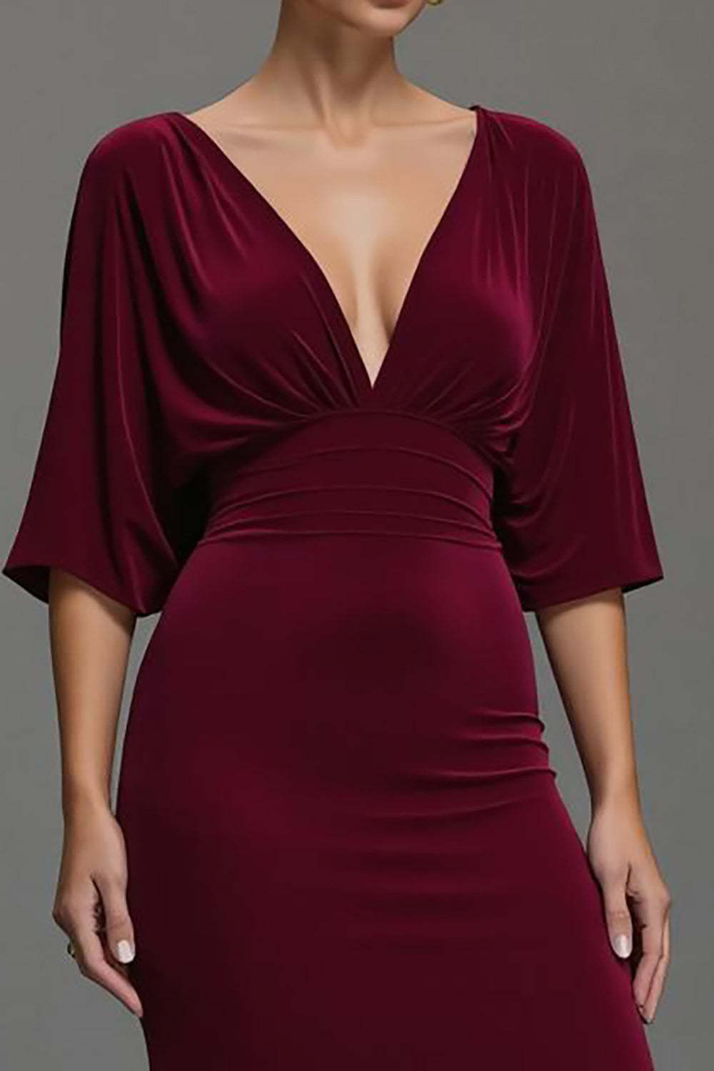 Burgundy Velvet V-Neck Maxi Holiday Party Dress with Sleeves
