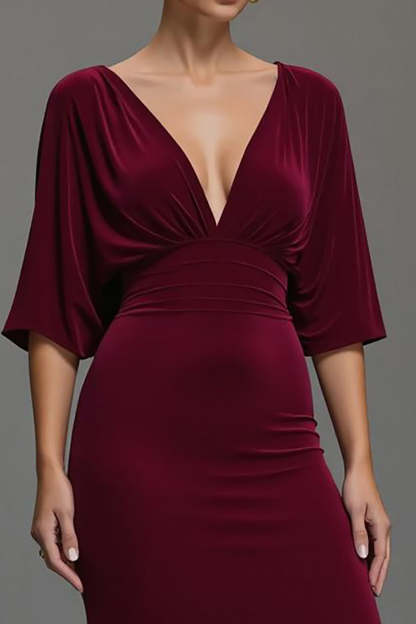 Burgundy Velvet V-Neck Maxi Holiday Party Dress with Sleeves