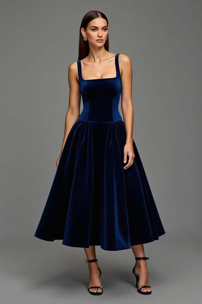 Leely Women Navy Velvet Maxi Holiday Party Dress Square Neck A Line Cocktail Dress