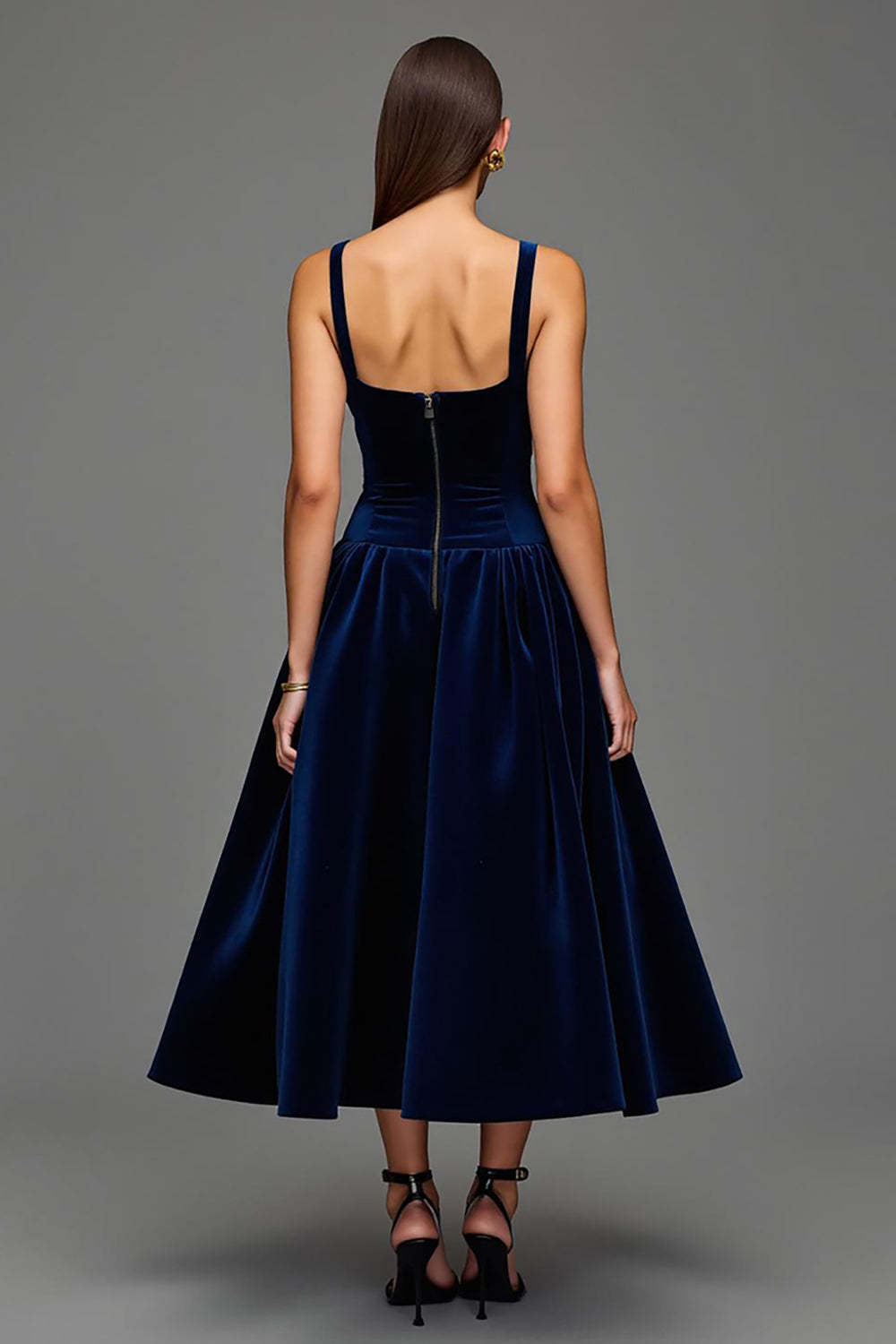 Navy A Line Velvet Square Neck Maxi Holiday Party Dress