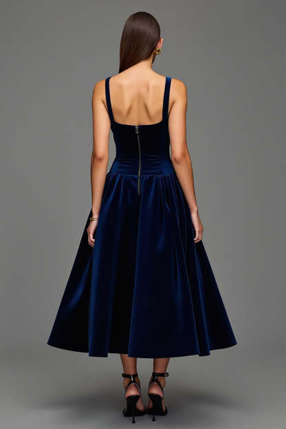 Navy A Line Velvet Square Neck Maxi Holiday Party Dress