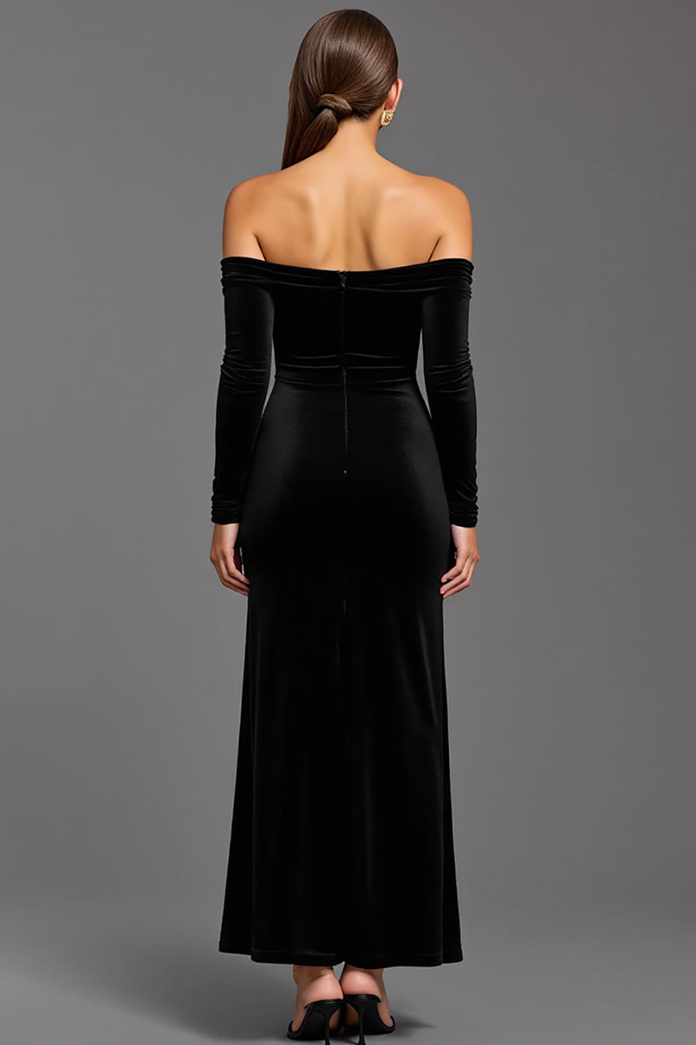 Maxi Black Velvet Off the Shoulder Sheath Holiday Party Dress