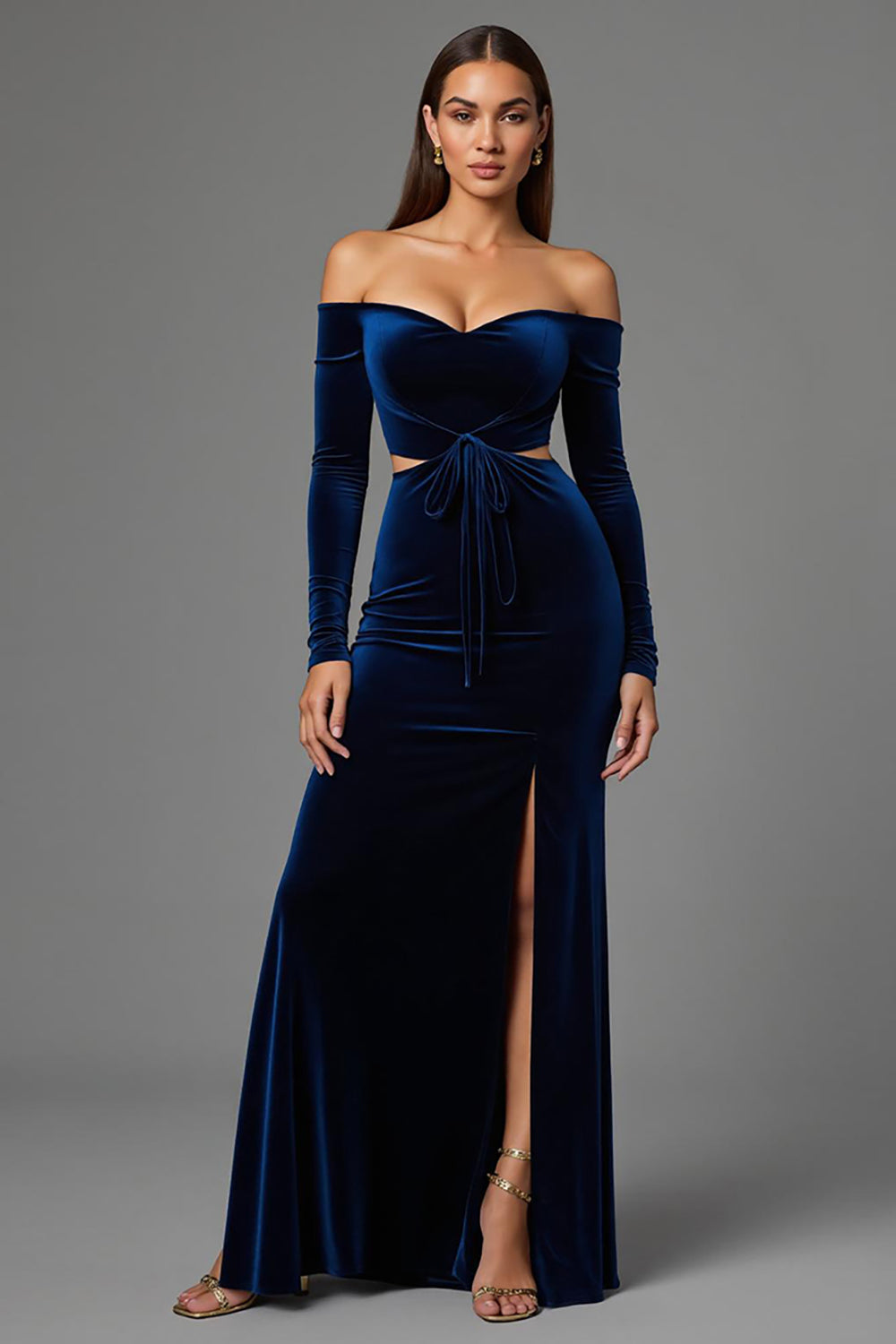Leely Women Navy Velvet Maxi Holiday Party Dress with Slit Off the Shoulder Cut Out Evening Dress with Sleeves