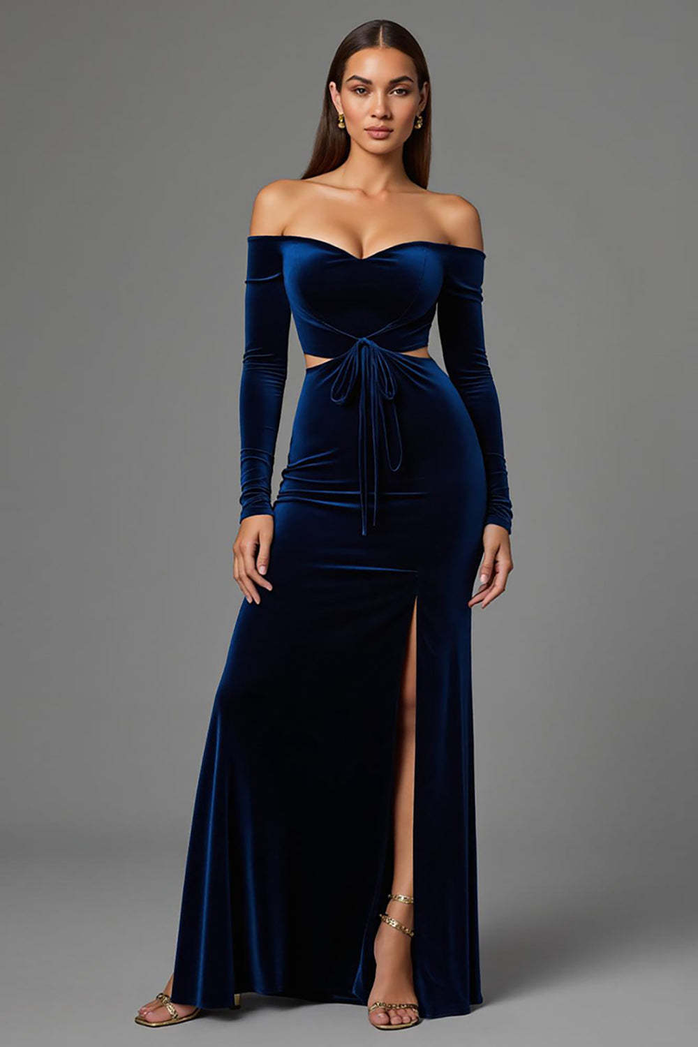 Leely Women Navy Velvet Maxi Holiday Party Dress with Slit Off the Shoulder Cut Out Evening Dress with Sleeves