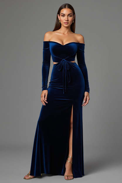 Leely Women Navy Velvet Maxi Holiday Party Dress with Slit Off the Shoulder Cut Out Evening Dress with Sleeves