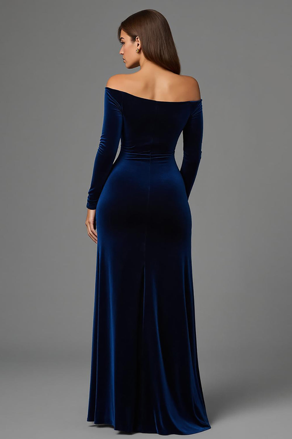 Navy Off the Shoulder Velvet Maxi Cut Out Holiday Party Dress with Slit