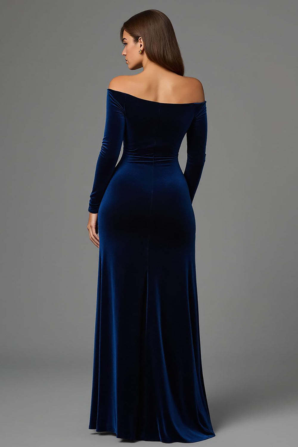 Navy Off the Shoulder Velvet Maxi Cut Out Holiday Party Dress with Slit