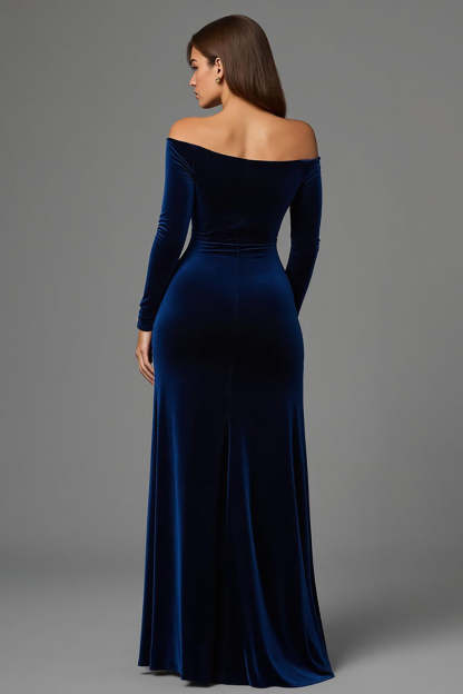 Navy Off the Shoulder Velvet Maxi Cut Out Holiday Party Dress with Slit