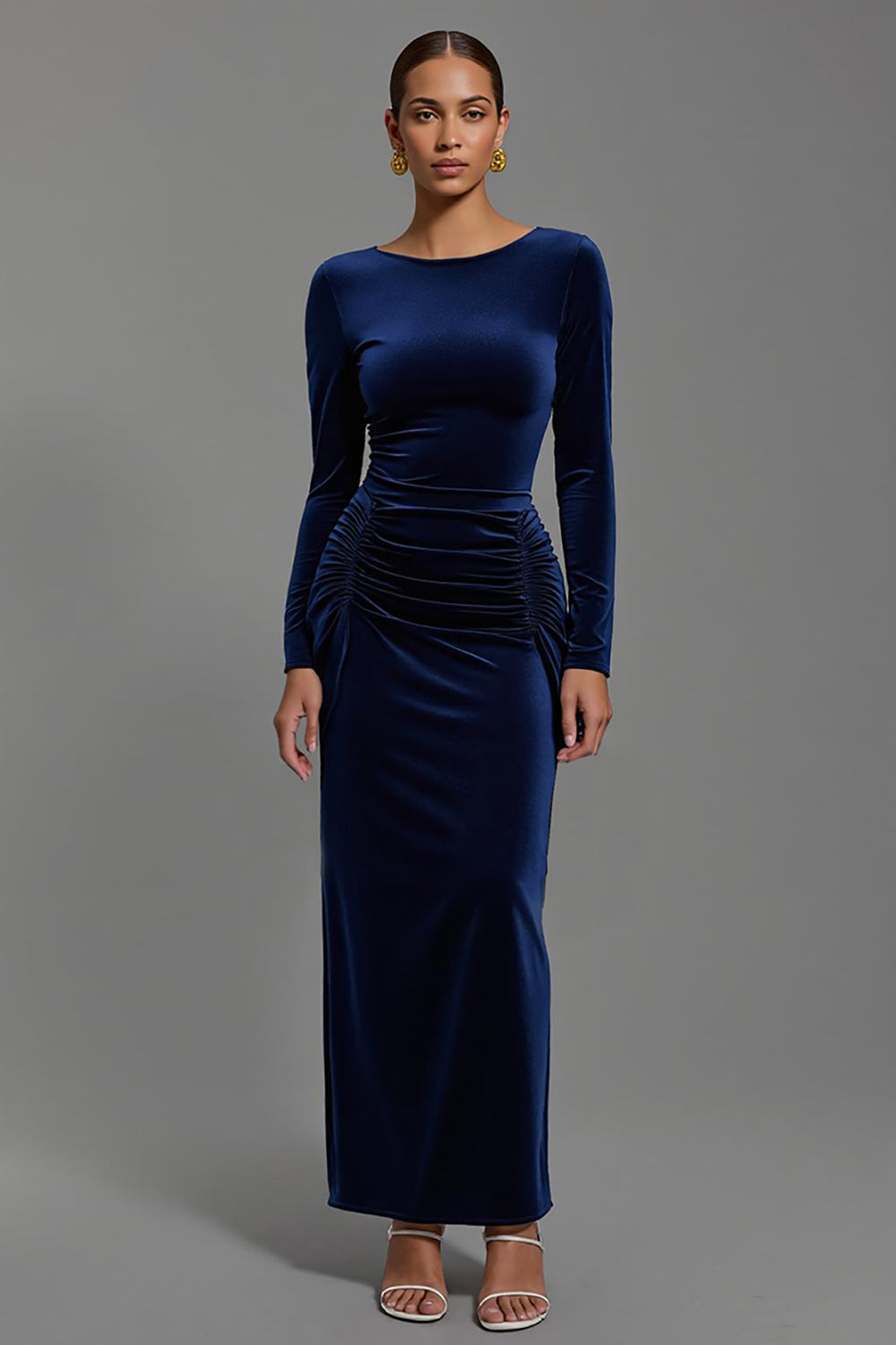 Leely Women Navy Velvet Maxi Holiday Party Dress with Sleeves Boat Neck Sheath Evening Dress