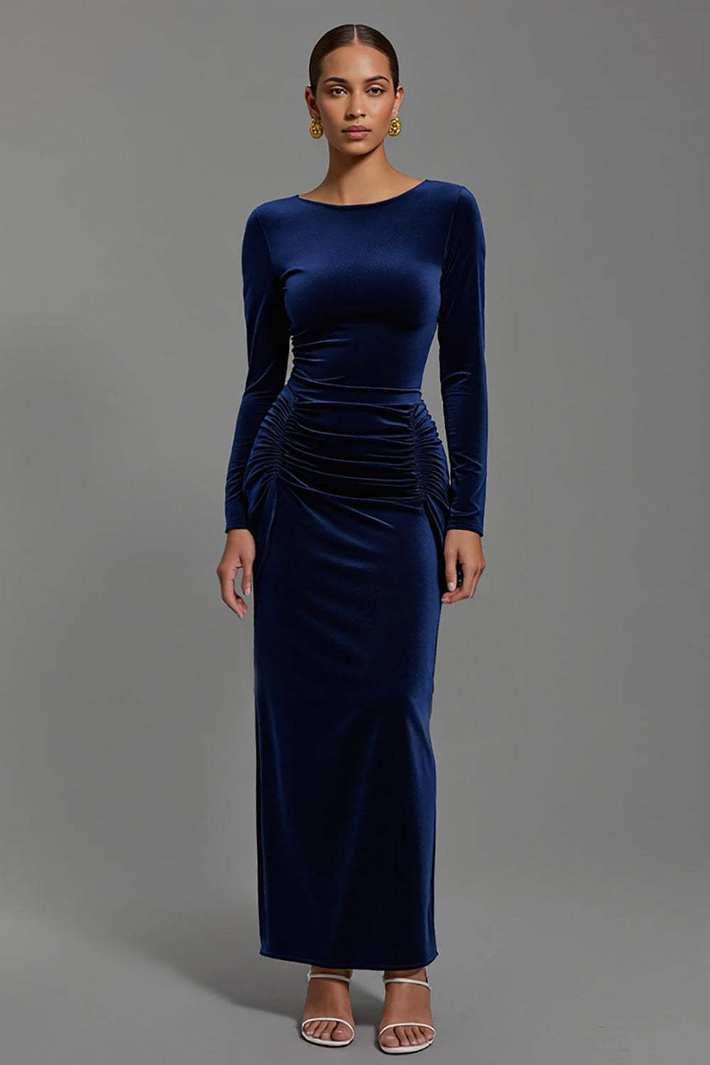 Leely Women Navy Velvet Maxi Holiday Party Dress with Sleeves Boat Neck Sheath Evening Dress