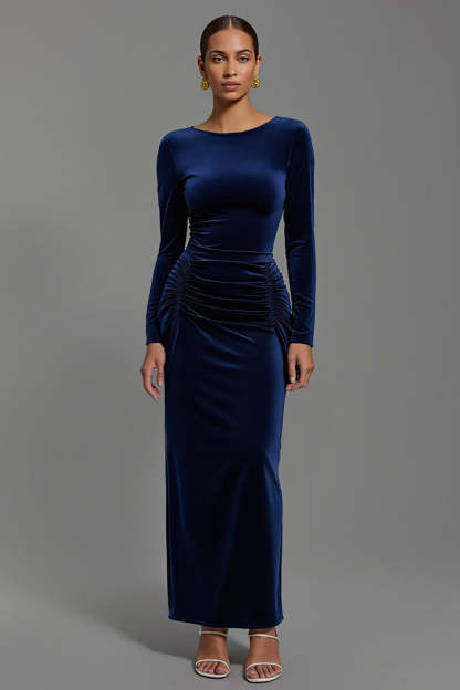 Leely Women Navy Velvet Maxi Holiday Party Dress with Sleeves Boat Neck Sheath Evening Dress