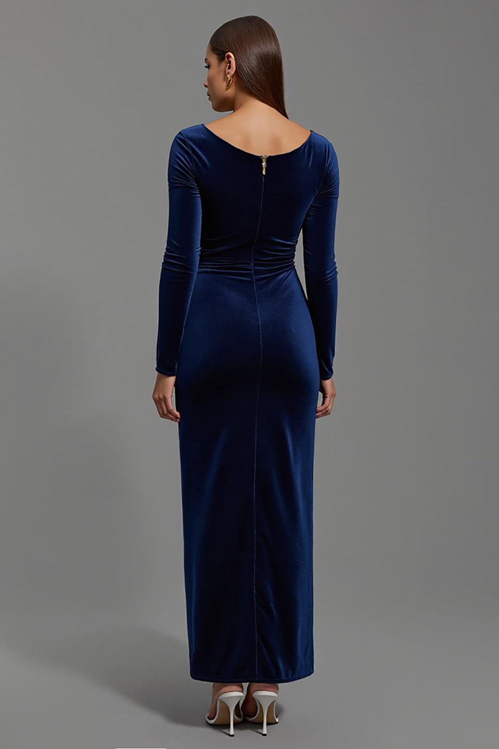 Maxi Navy Velvet Boat Neck Sheath Holiday Party Dress with Sleeves