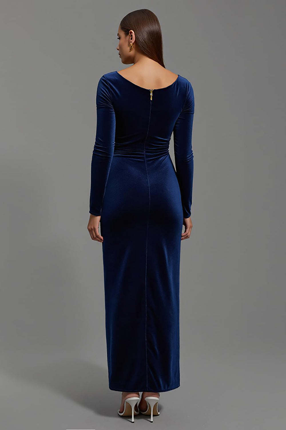 Maxi Navy Velvet Boat Neck Sheath Holiday Party Dress with Sleeves