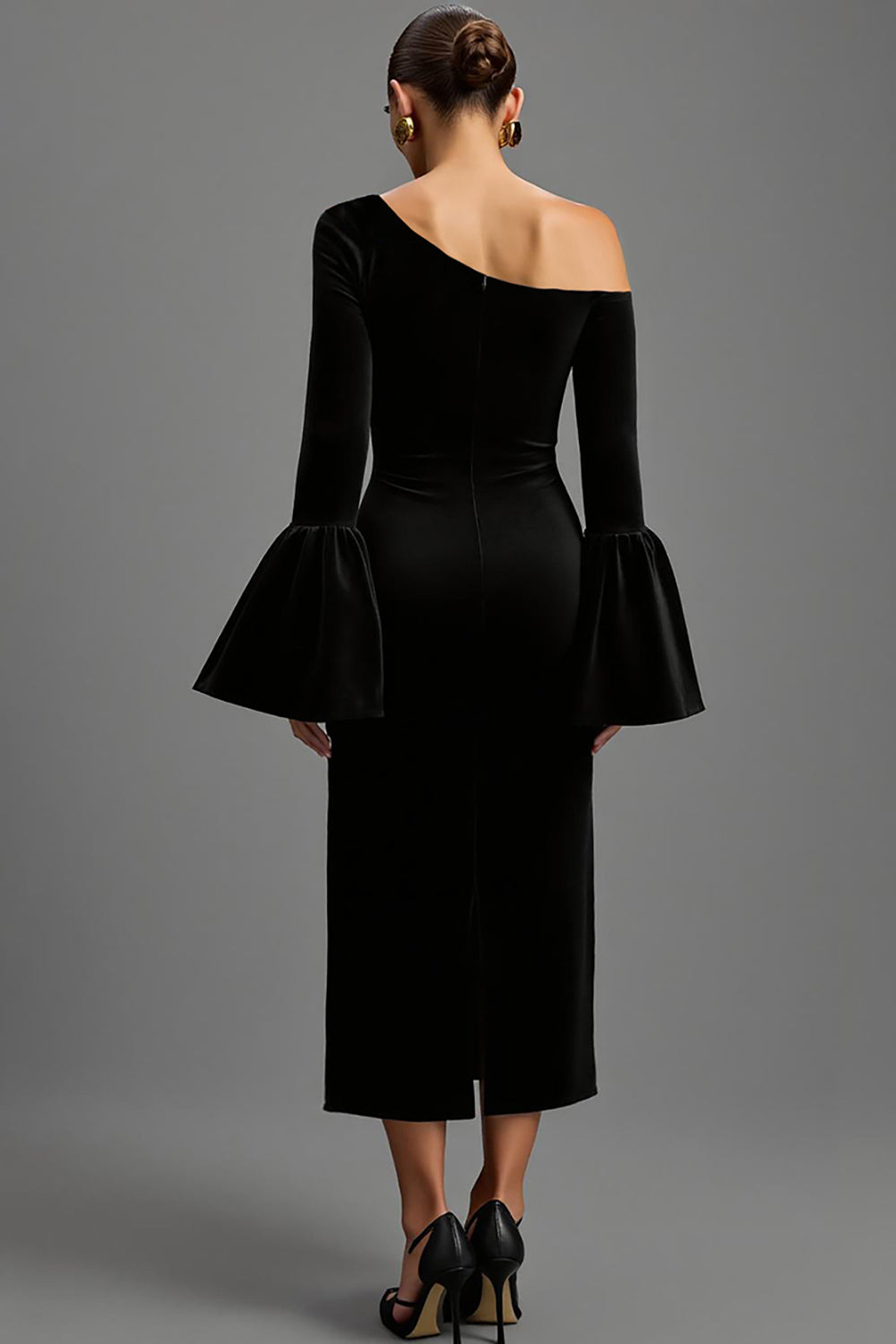 Black One Shoulder Sheath Long Sleeves Velvet Holiday Party Dress