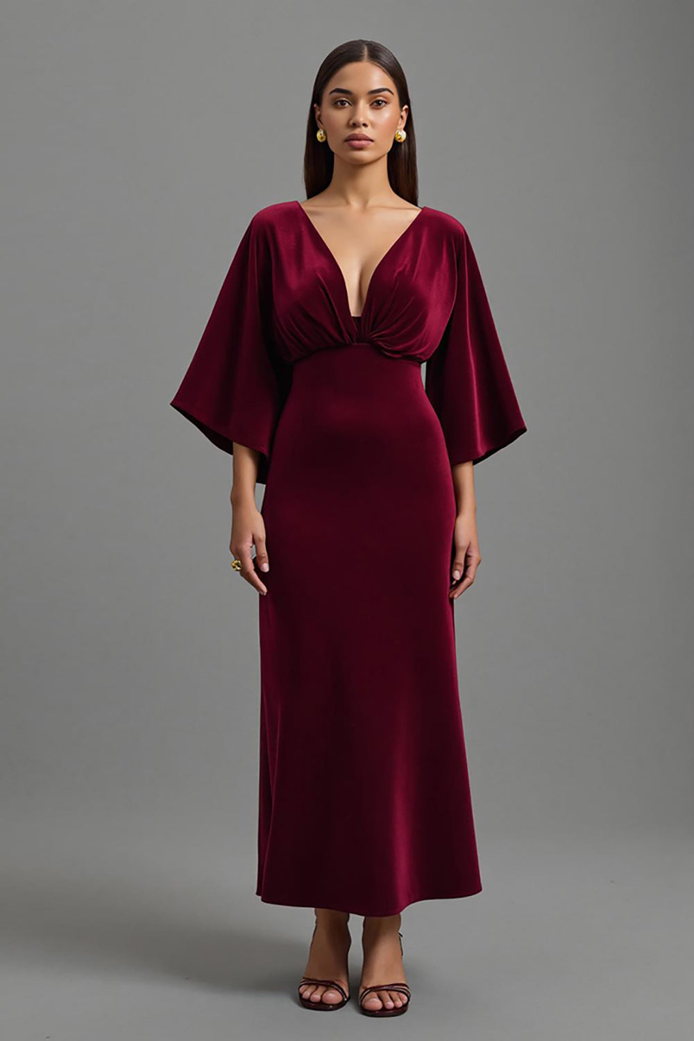 Burgundy V-Neck Velvet Sheath Maxi Holiday Party Dress with Sleeves